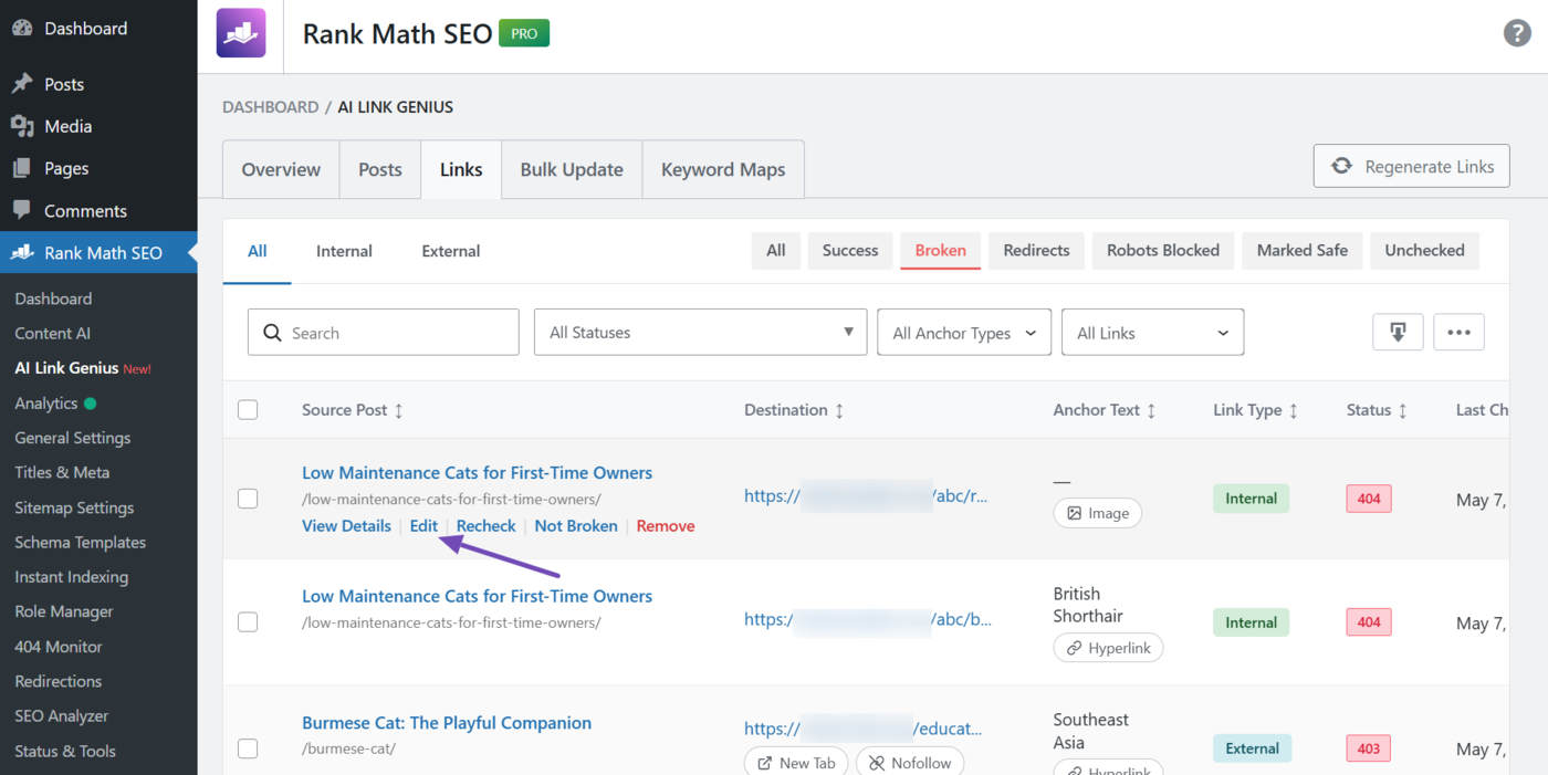 Hover over the source post of the broken link and click Edit