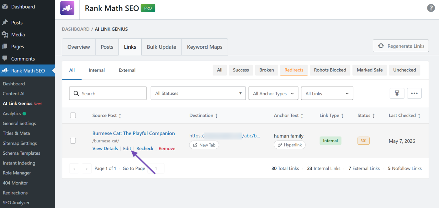 Hover over the source post of the redirected URL and click Edit