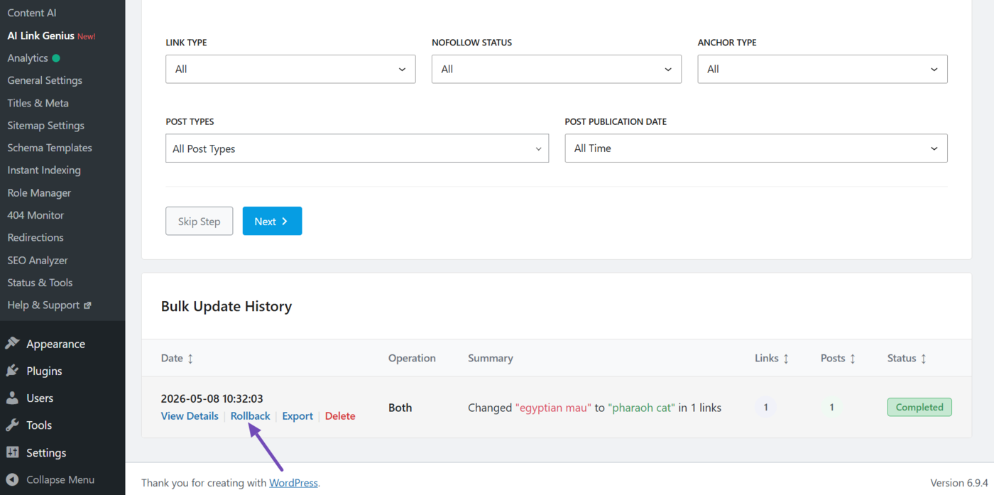 How to rollback a bulk update