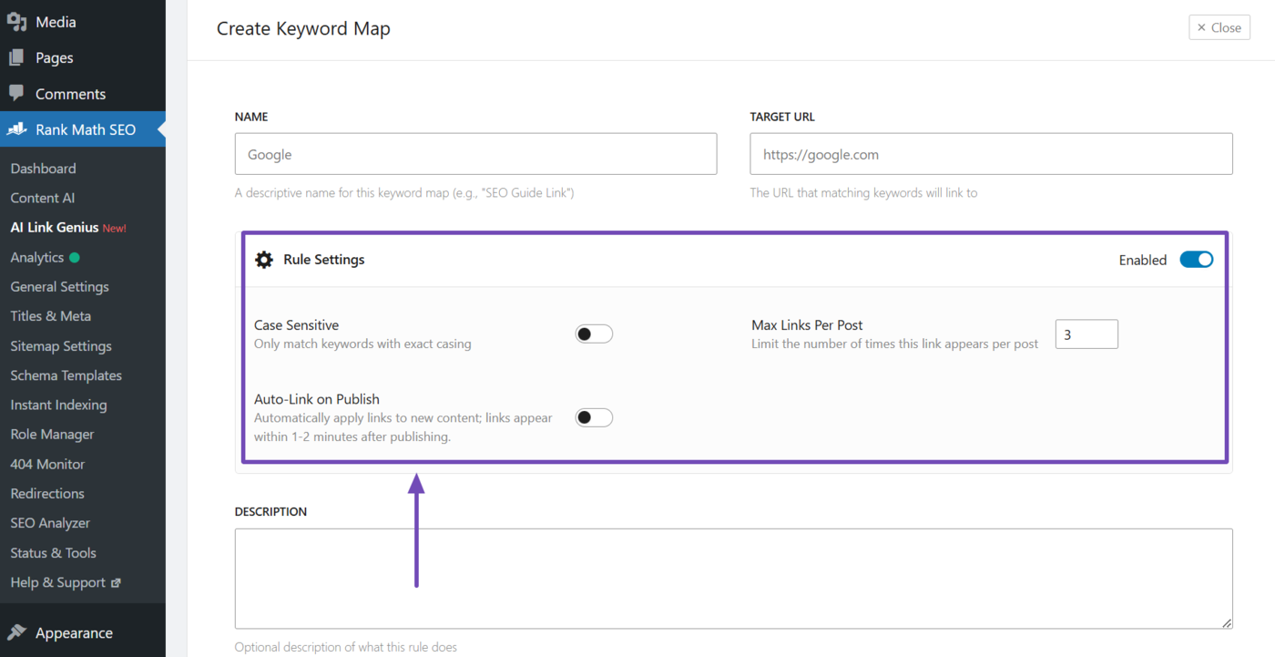 Keyword map rule settings