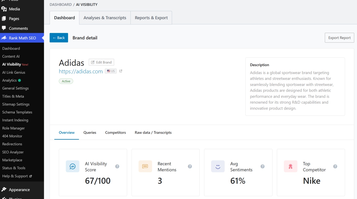Overview of a brand being tracked using AI Visibility