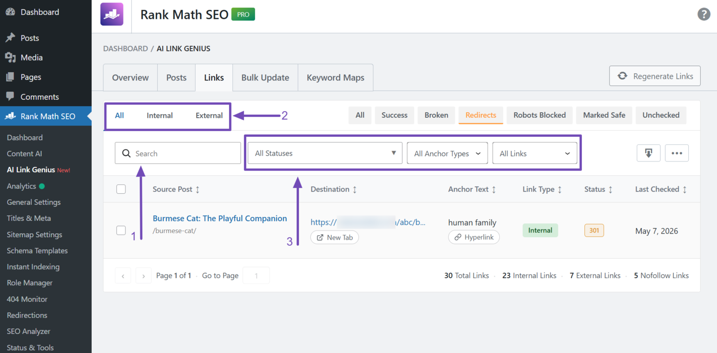 Overview of filters and settings in the AI Link Genius Links tab