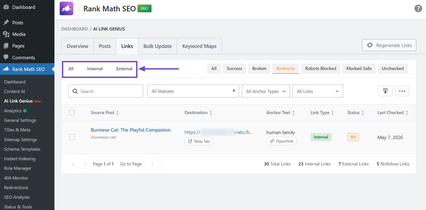 Overview of the Link type filter in the Links tab