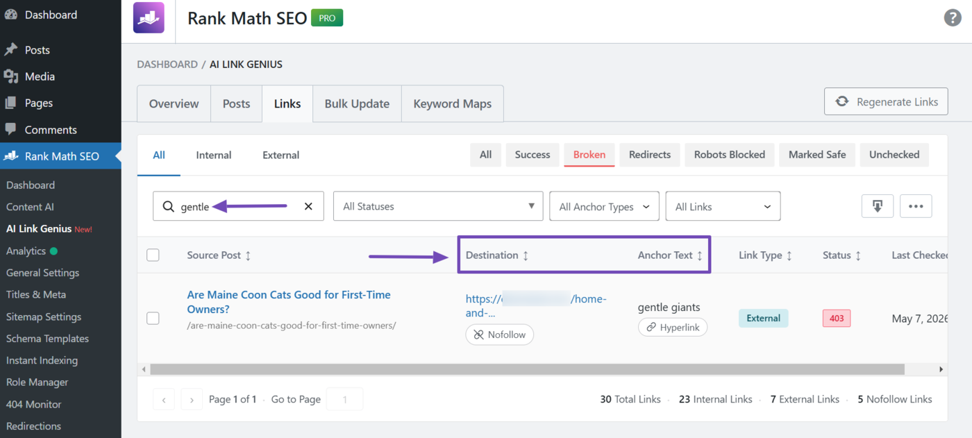Overview of the Links tab Search bar