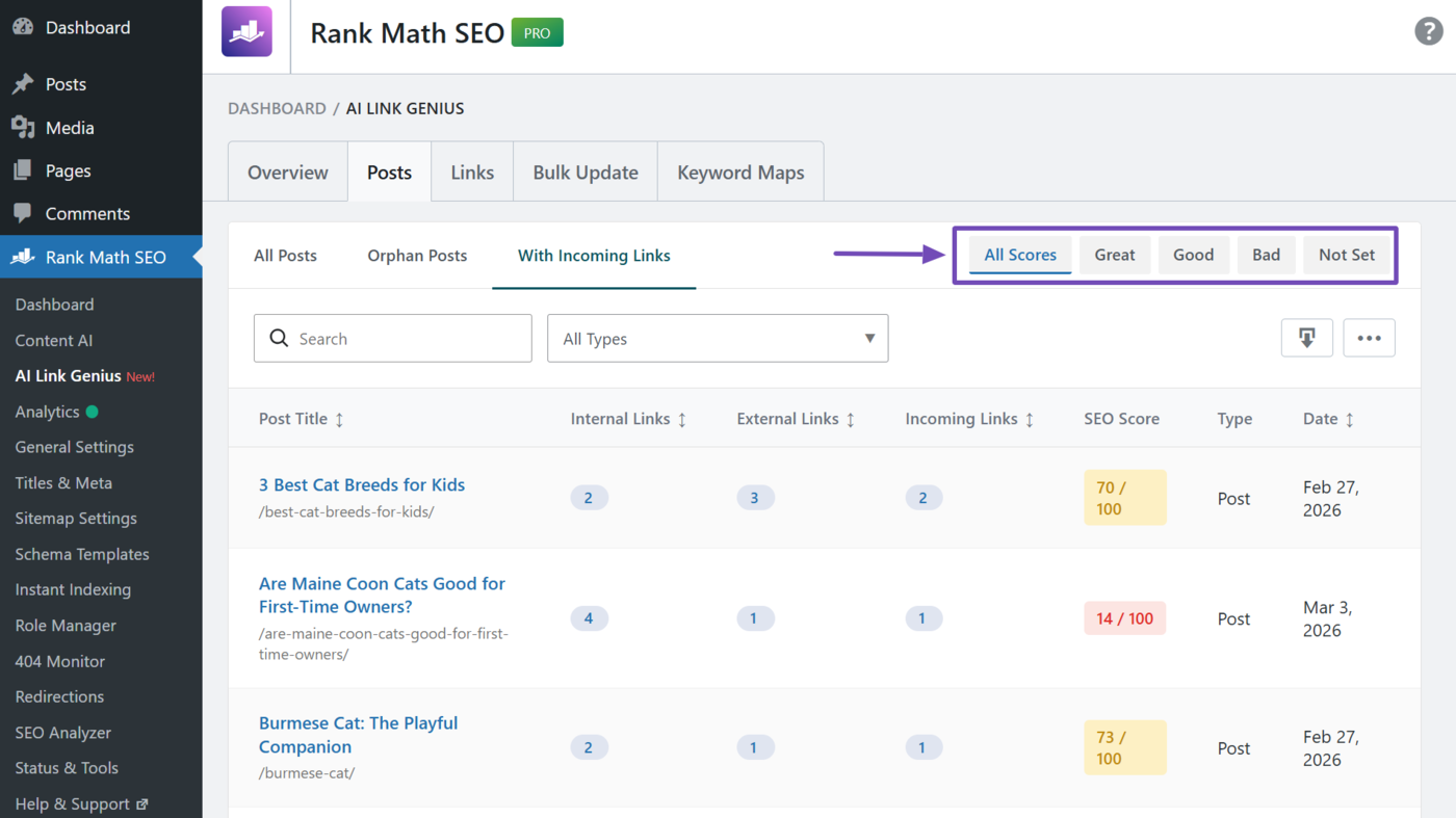 Overview of the SEO score filter in the Posts tab