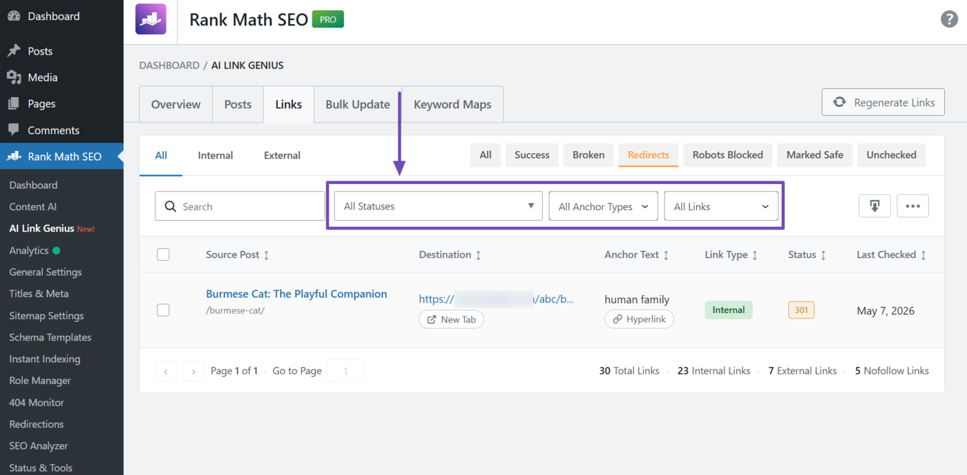 Overview of the dropdown filters in the Links tab