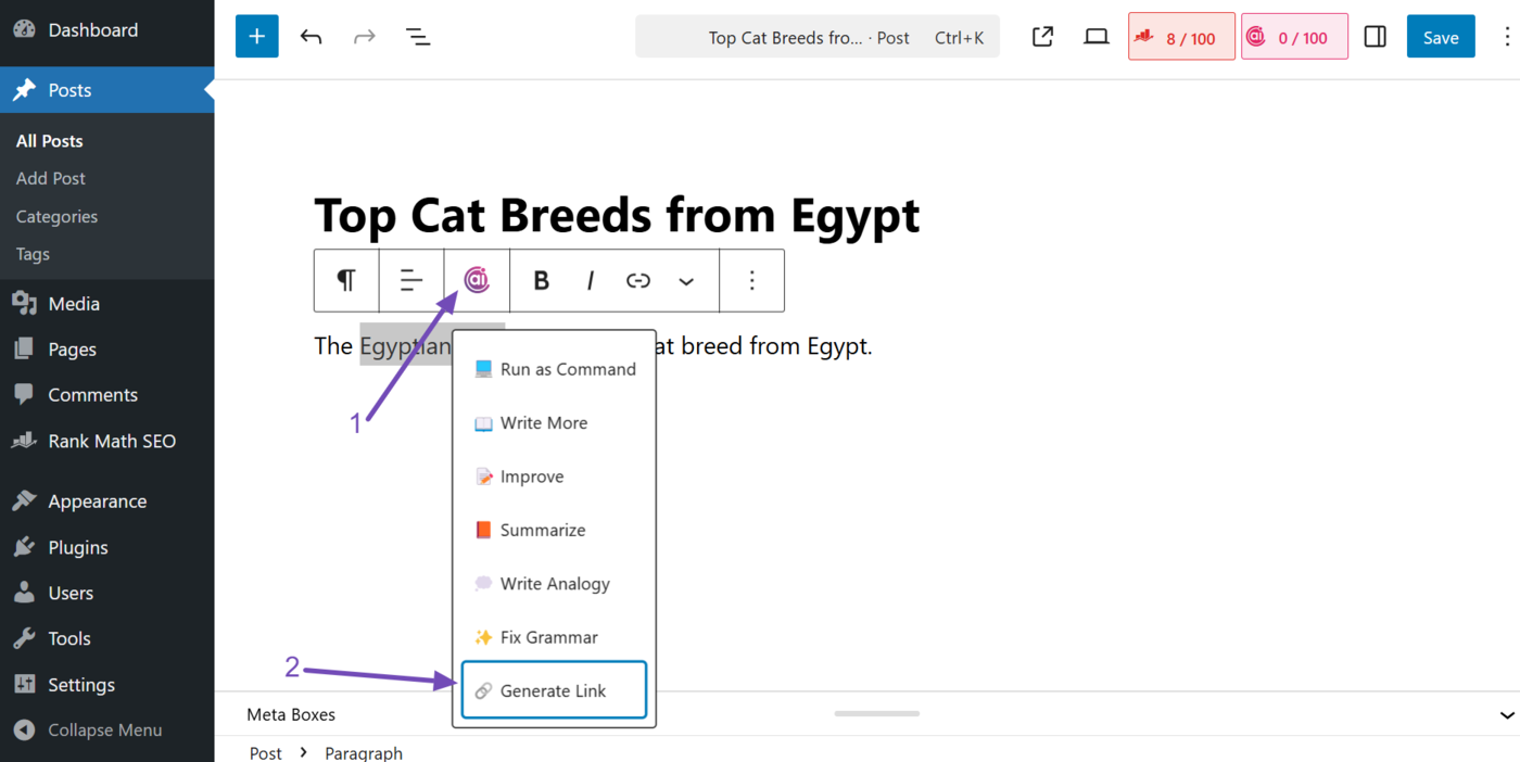 Select Content AI Commands and click Generate link