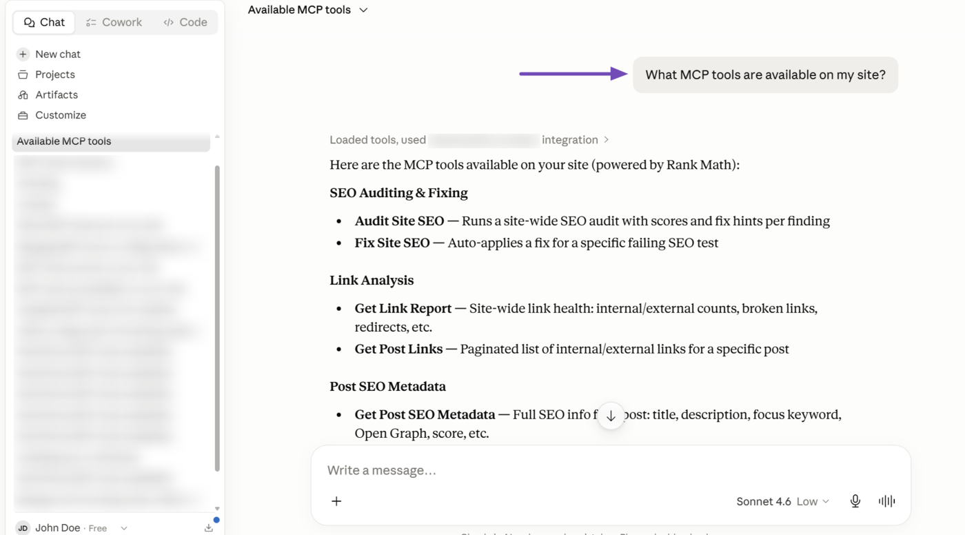 Ask Claude for the available Rank Math MCP tools