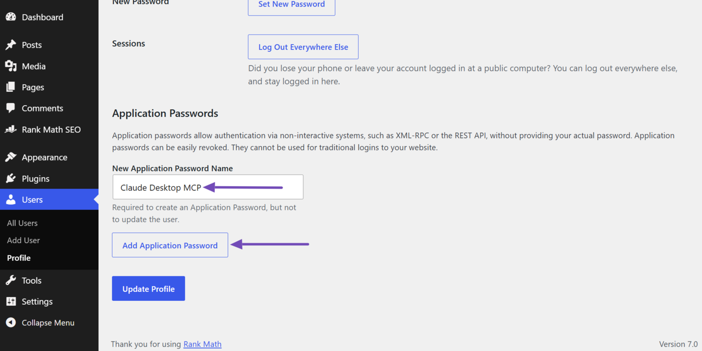 Click Add Application Password to create an application password