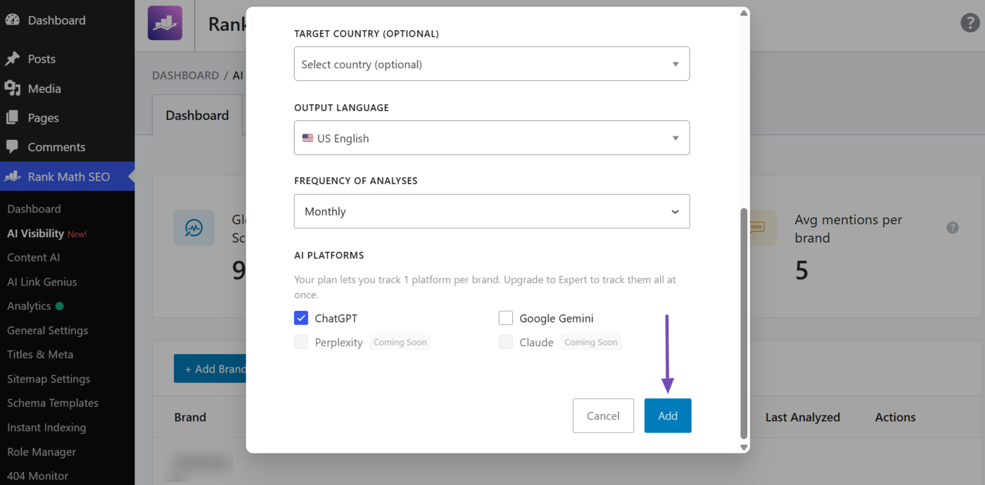 Click Add to start tracking your AI Visibility