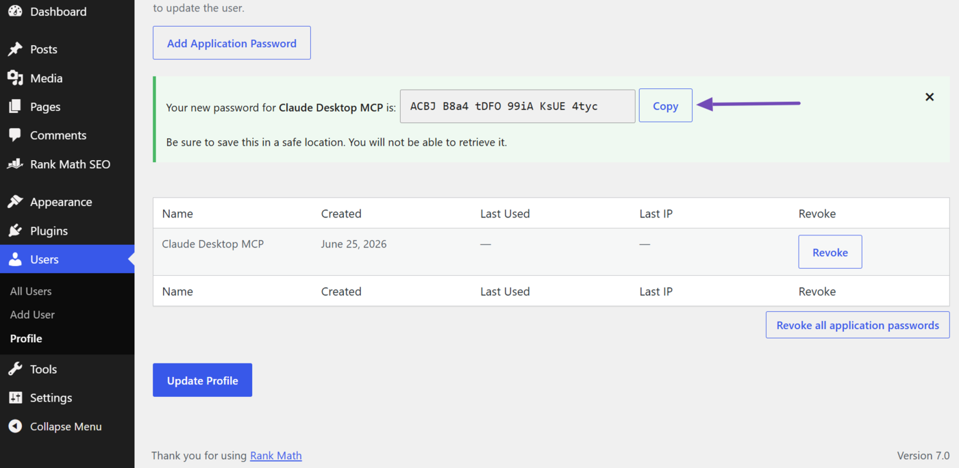 Click Copy to copy your application password