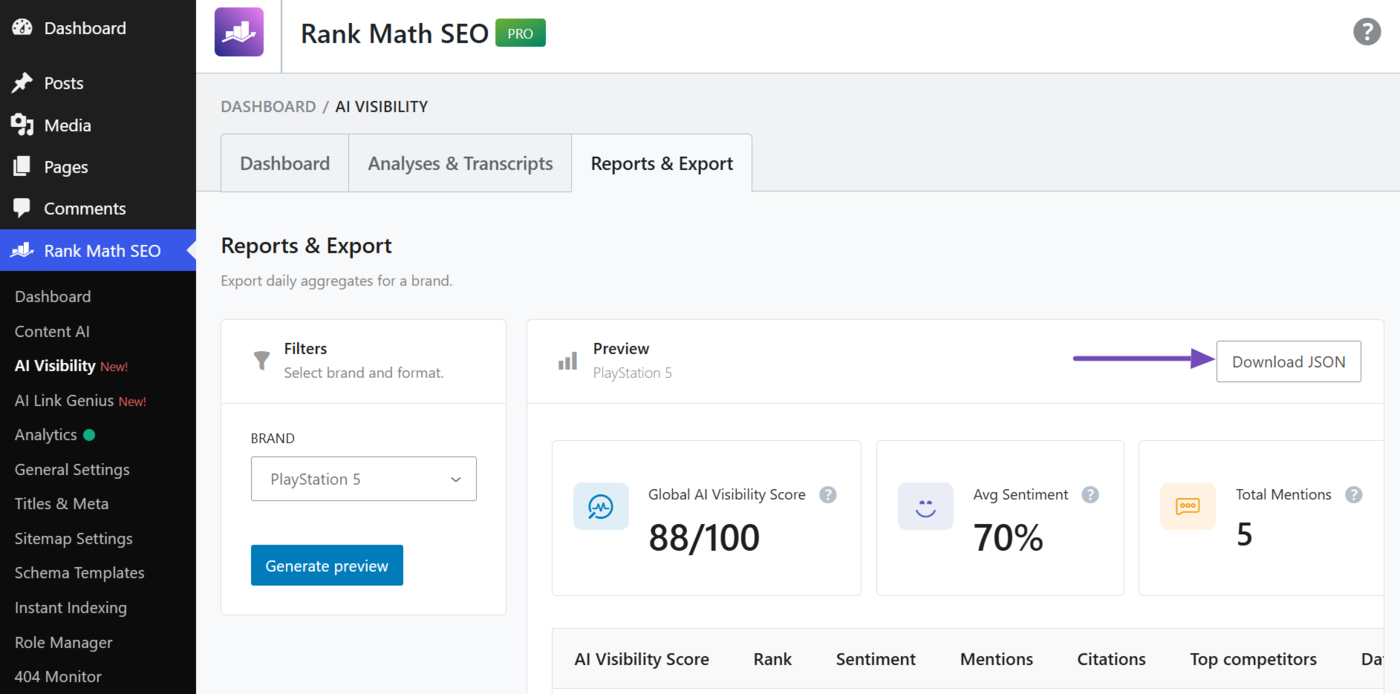 Click Download JSON to download your AI Visibility report