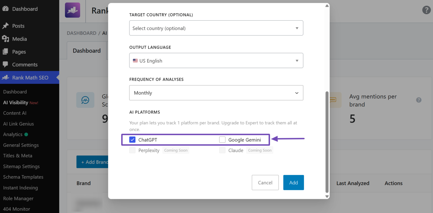 Enter the platforms in which you want to track AI Visibility into the AI Platforms field