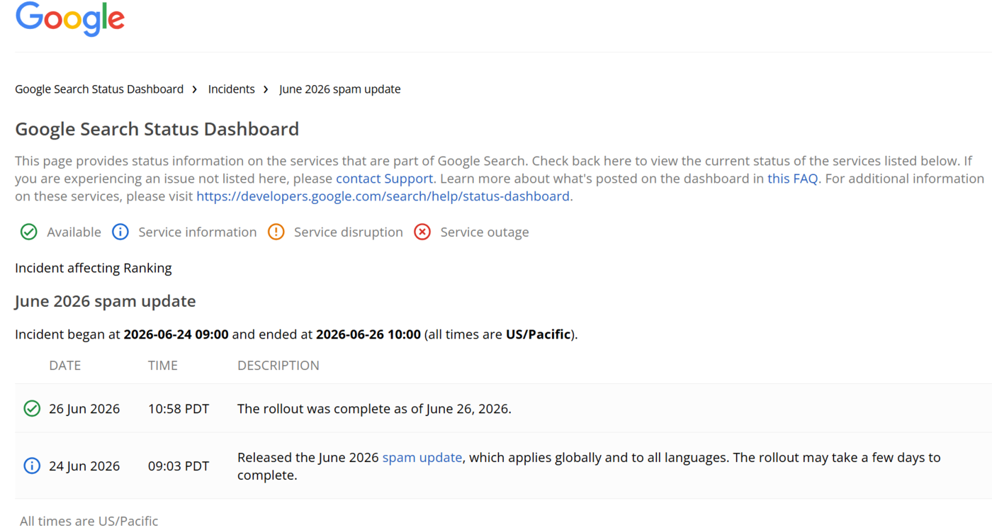 Google Search Status dashboard about the June 2026 Spam Update