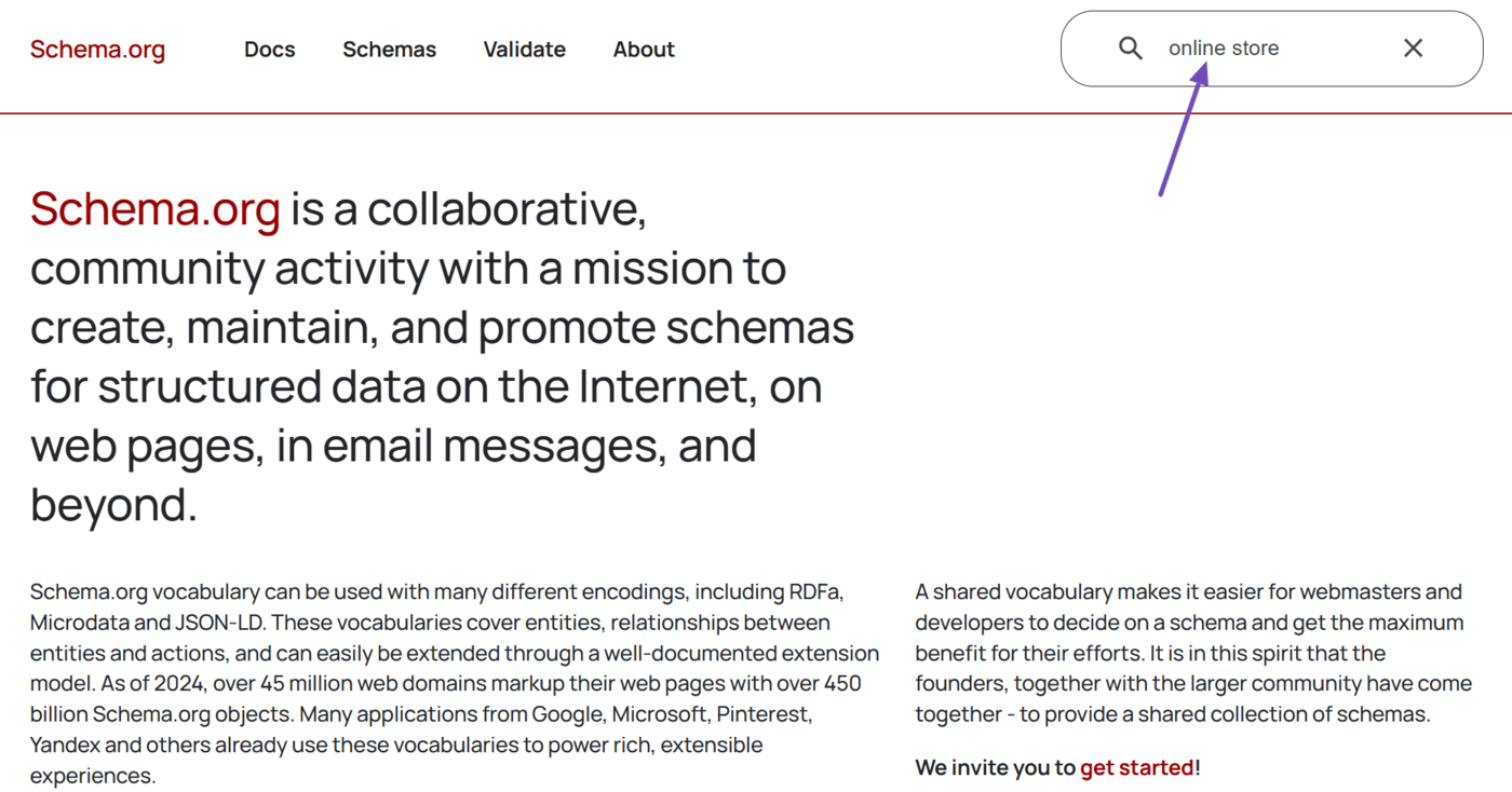 Head to schema.org and enter the Schemas name into the search bar