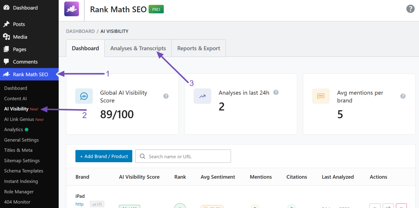Head to the Analyses and Transcripts tab in AI Visibility