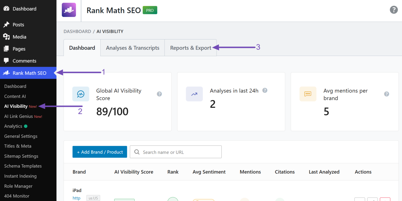 Head to the Reports & Export tab in AI Visibility