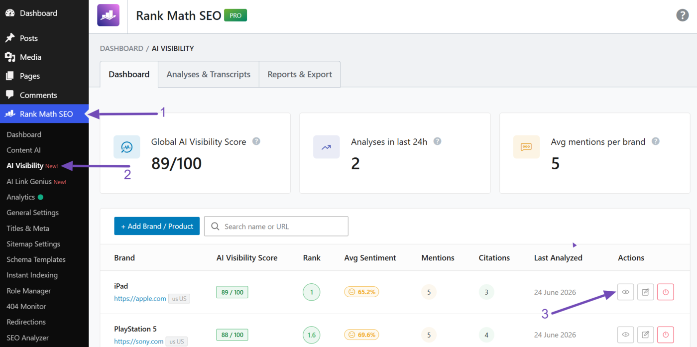 Head to the brand or product in AI Visibility and click the View icon