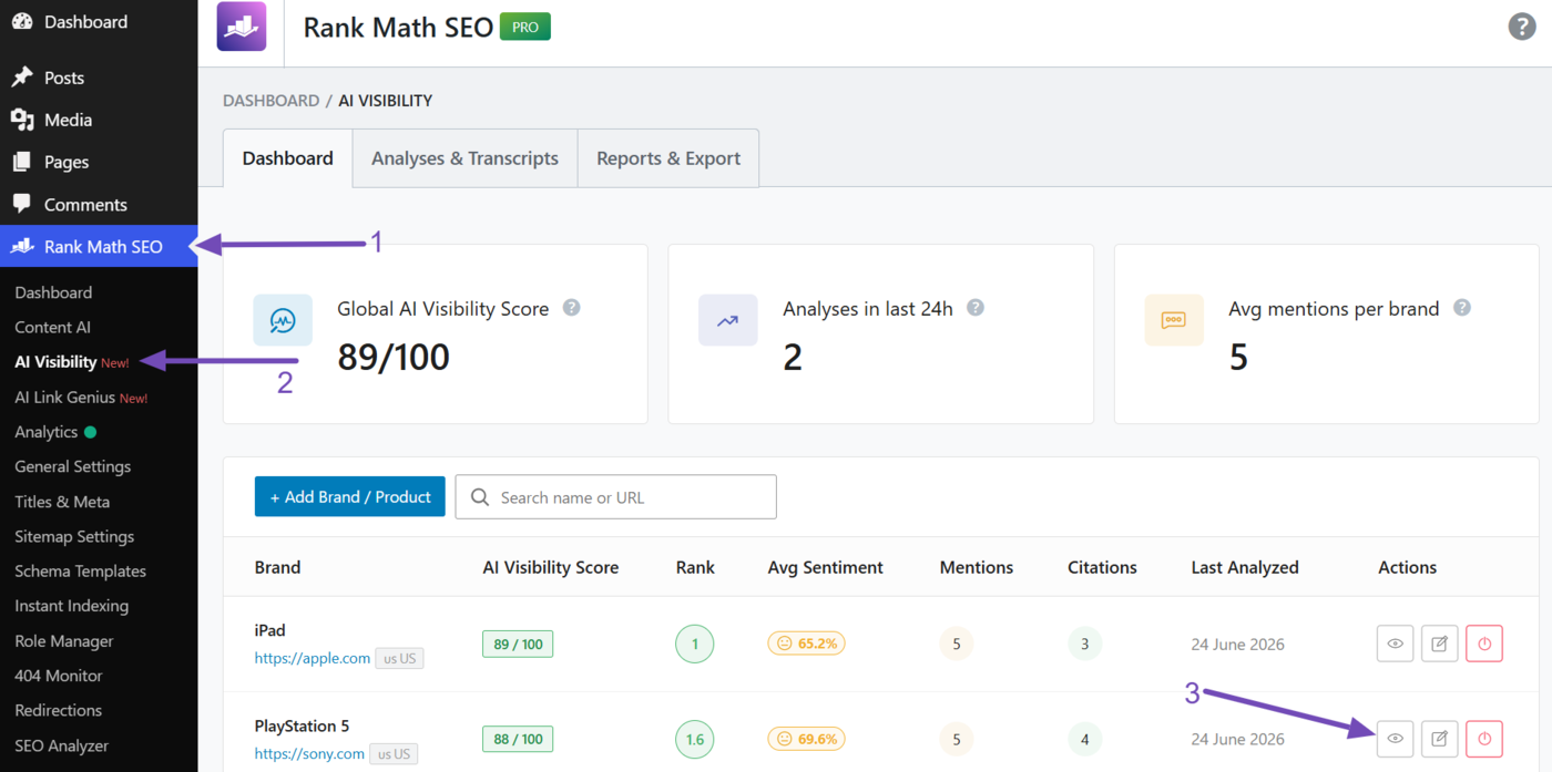 Head to the brand or product in AI Visibility and click the View icon