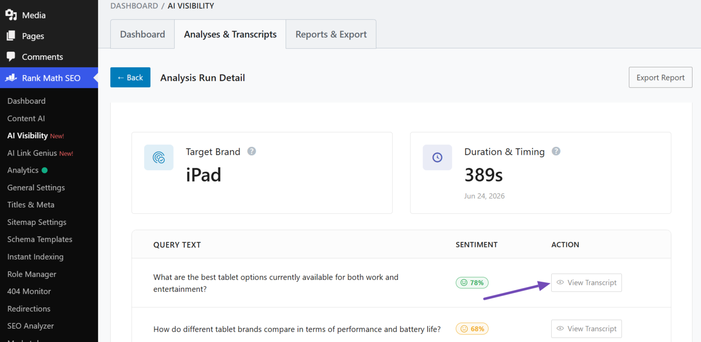 Head to the query and click View Transcript