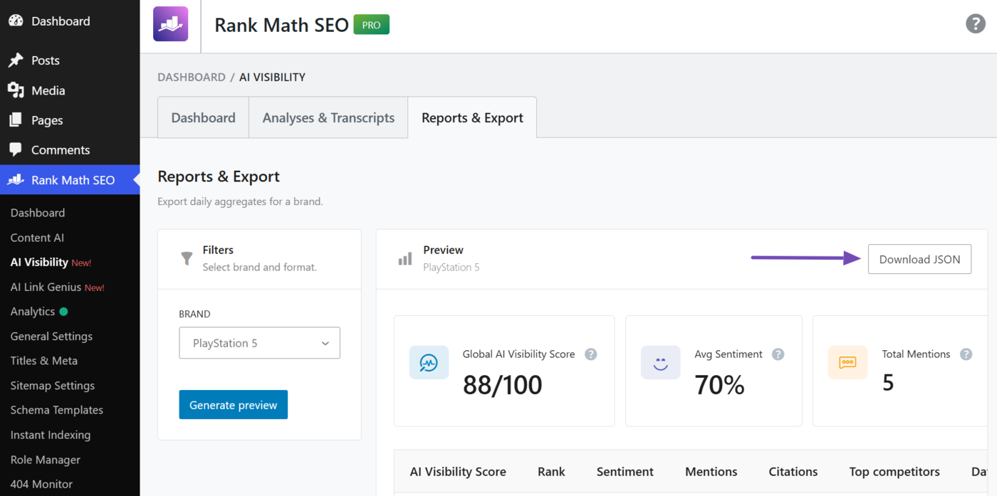 Preview your AI Visibility brand report and click Download JSON to download