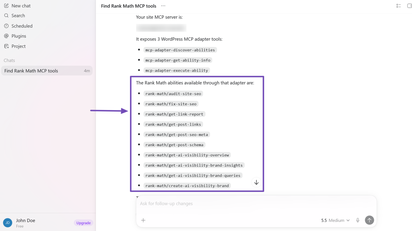 Prompt your AI assistant for the Rank Math MCP tools