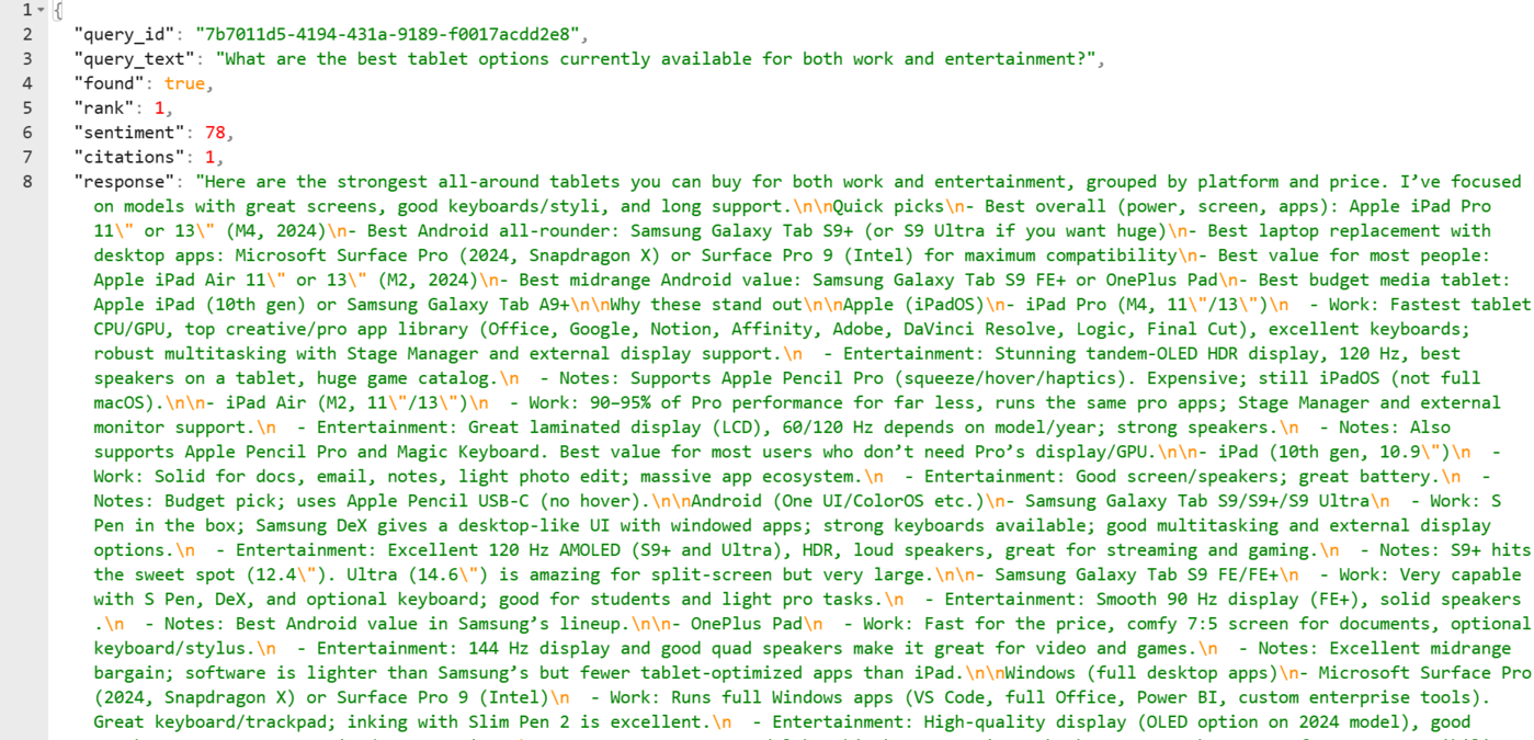Sample of the JSON file for a specific query and response