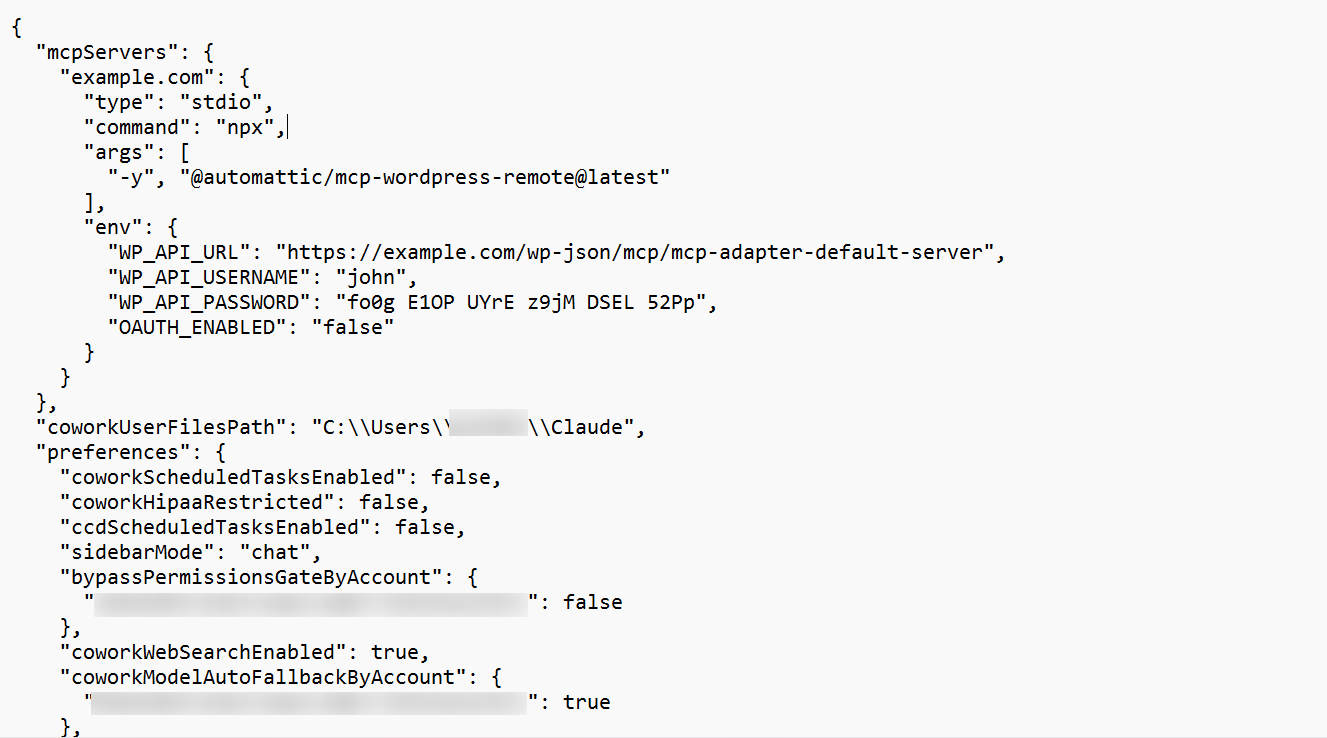 Sample of the MCP server configuration in the Claude desktop config file