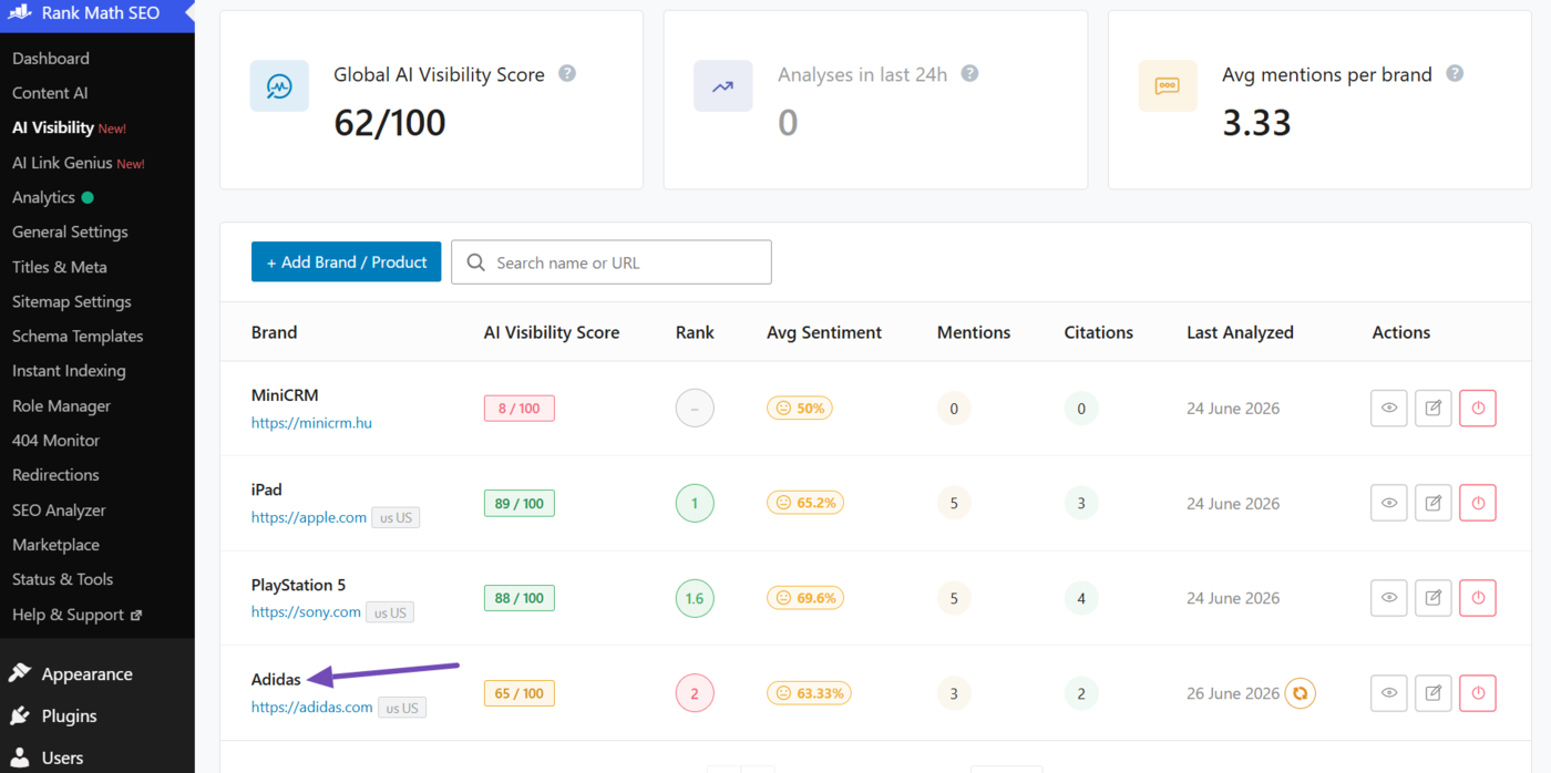 Sample of the new brand being added to AI Visibility