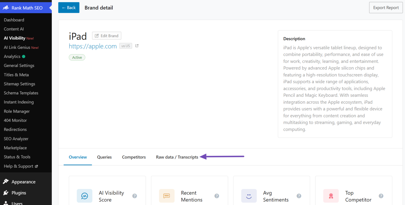 Scroll down to the Raw data and Transcripts tab