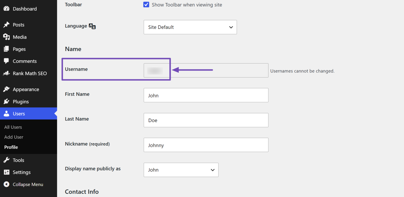 Scroll to the username field to view your username