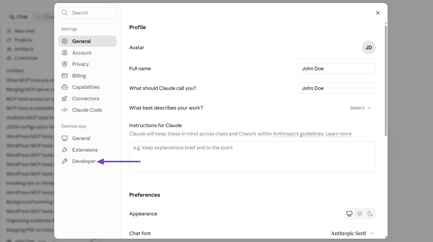 Select Developer in Claude settings