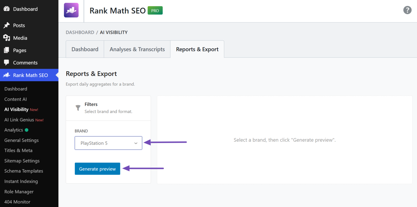 Select the brand for which to generate the report