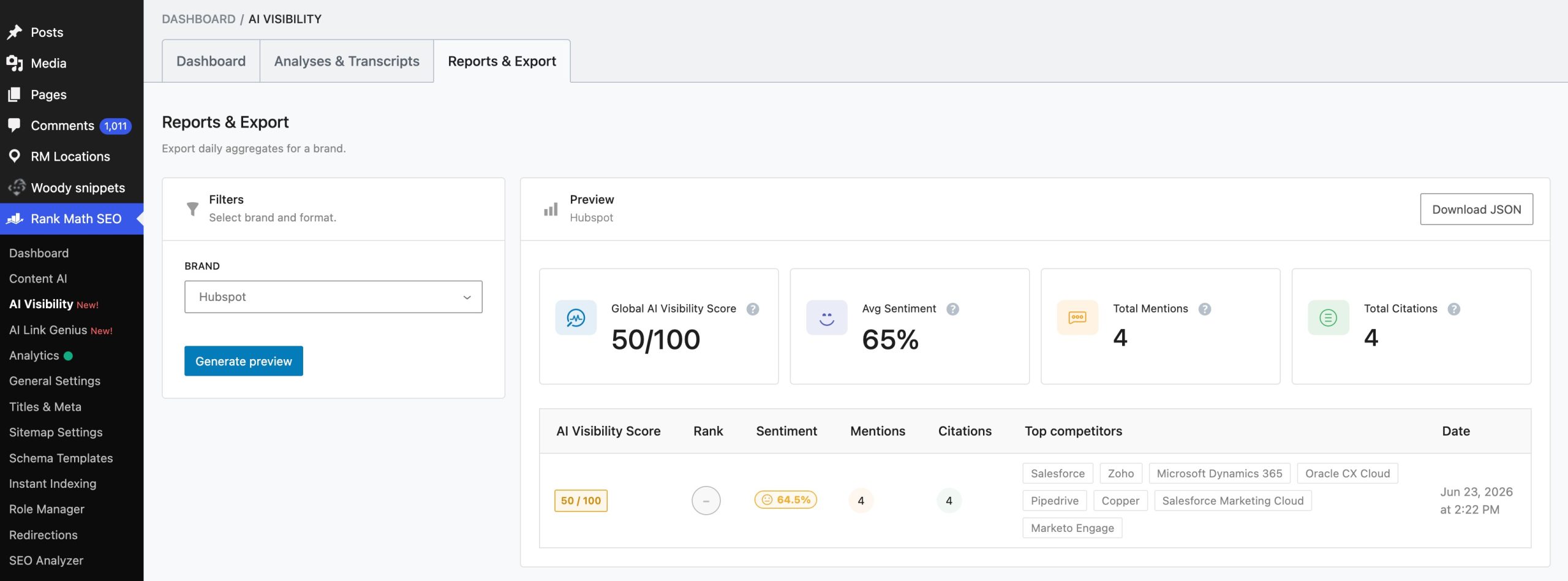Introducing AI Visibility Tracking in Rank Math 24 Reports & Export tab