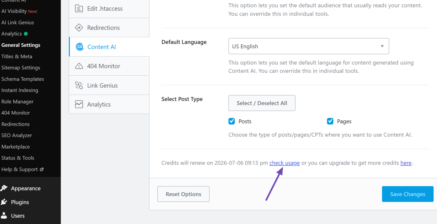Click Check usage to view your Content AI usage limit