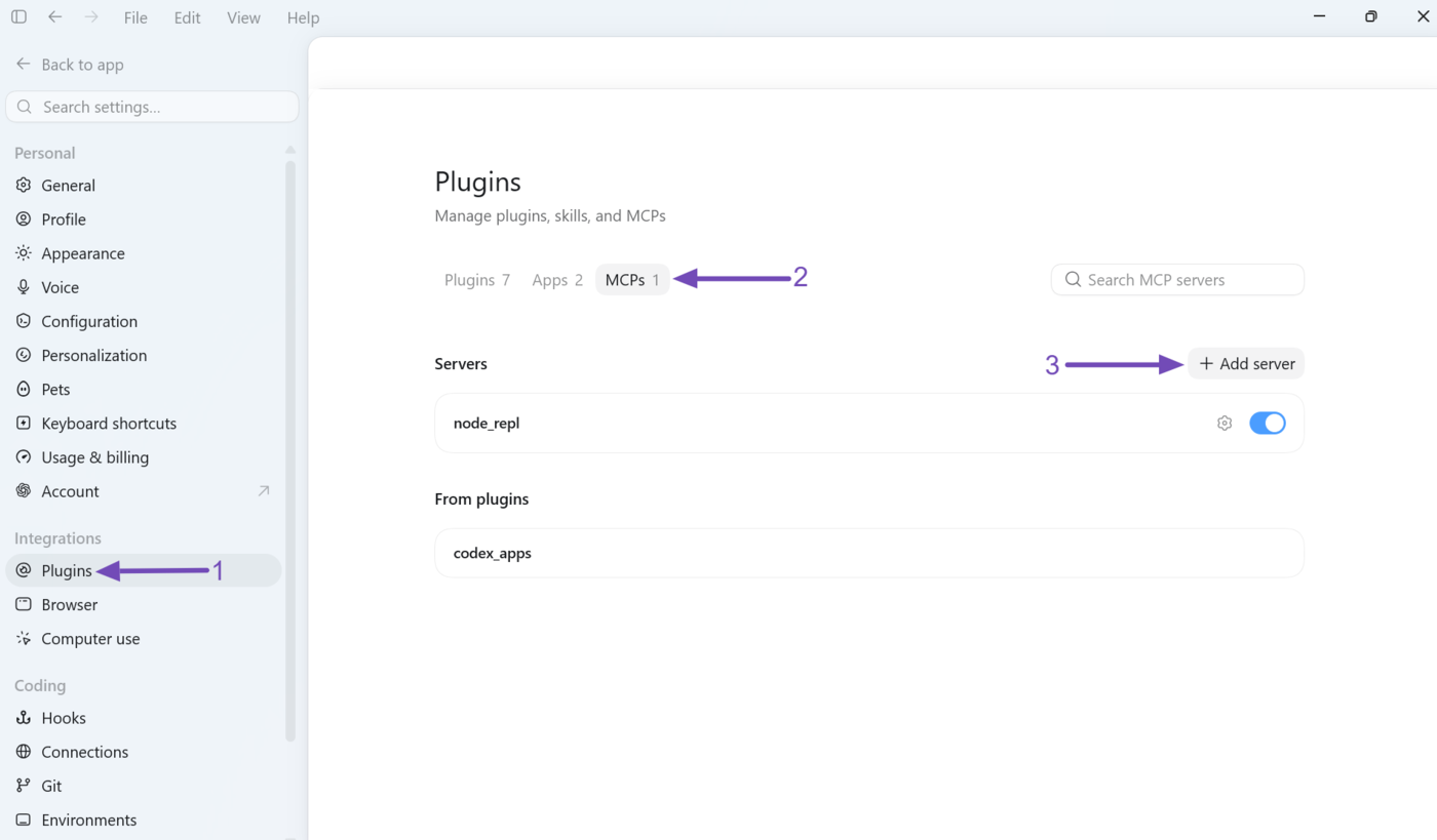 Click Plugins and then MCPs and Add server