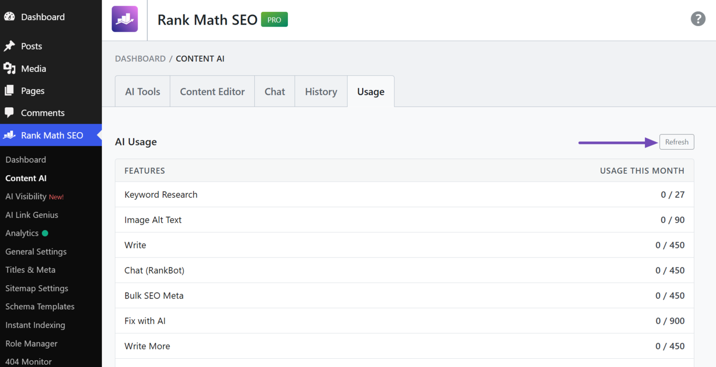 Click Refresh to refresh your Content AI usage limits