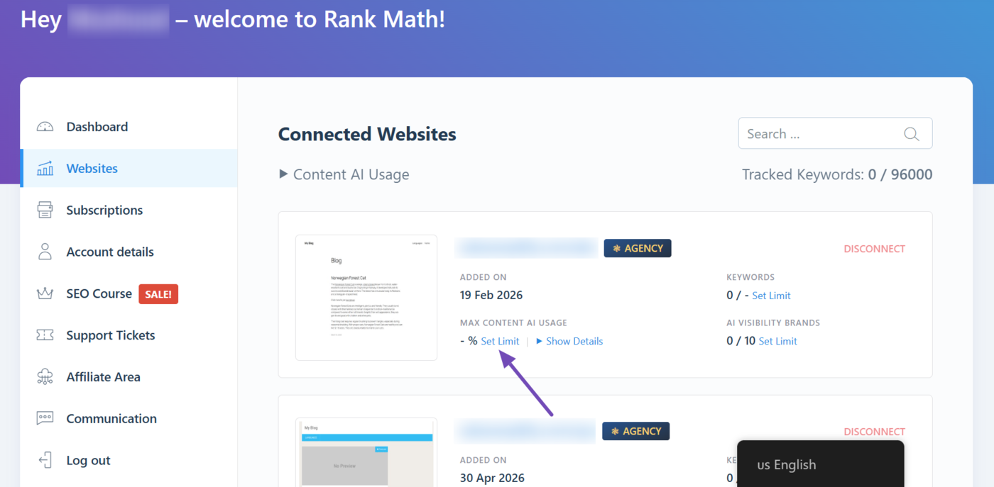 Click Set Limit to set Content AI Usage limit