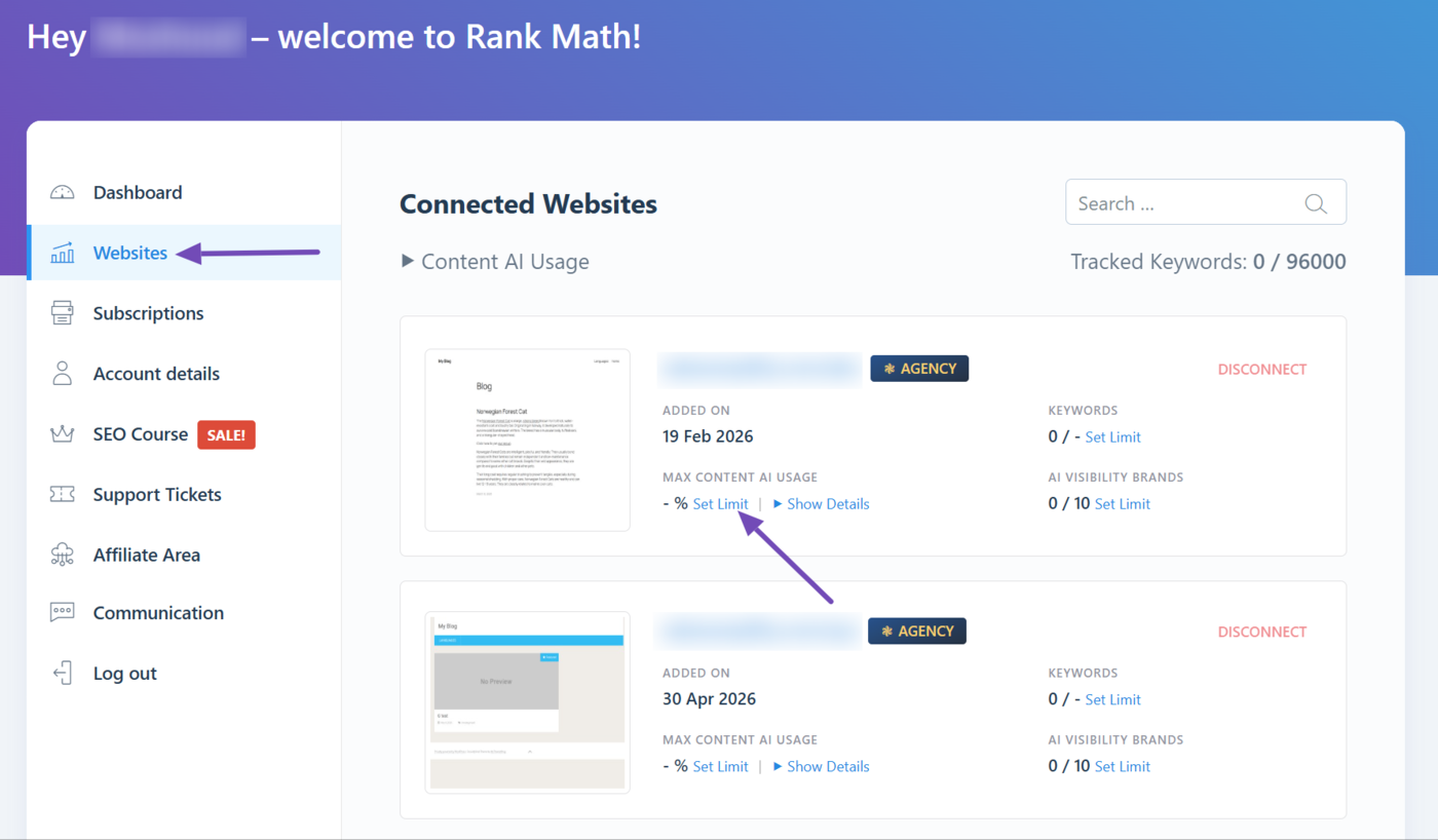 Click Set Limit to set a Content AI usage limit for a site