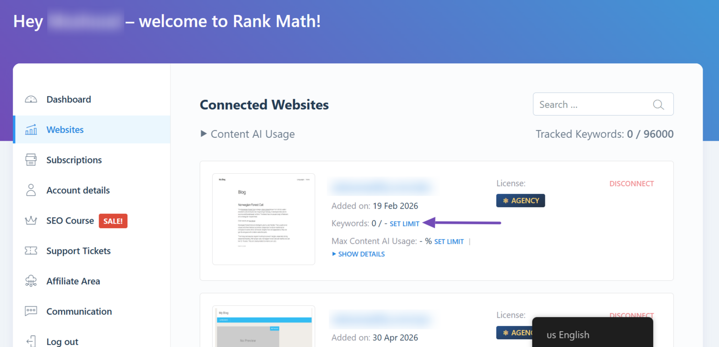 Click Set Limit to set a keyword limit for a site