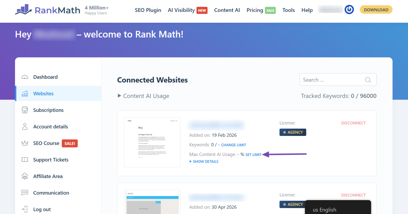 Click Set Limit to set a website's Max Content AI Usage
