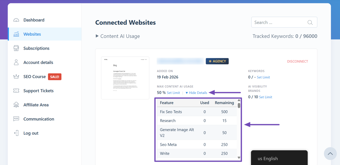 Click Show Details to review the usage limit assigned to the site