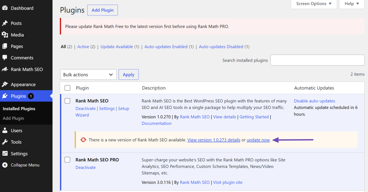 Click Update Now to update Rank Math SEO to the latest version