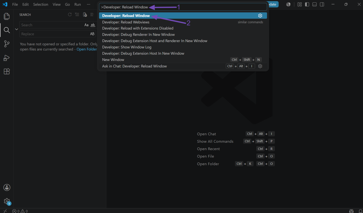 Click on Developer Reload Window in the Command palette