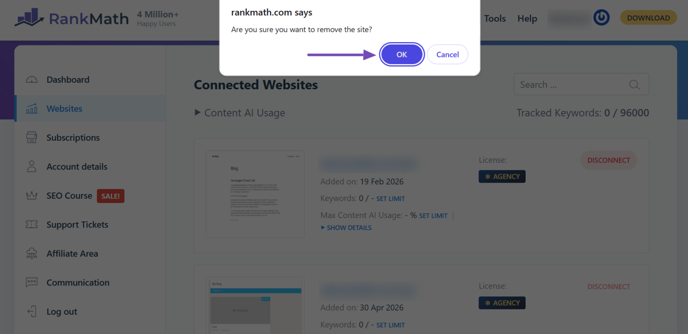 Confirm removing site in Rank Math Client Management dashboard