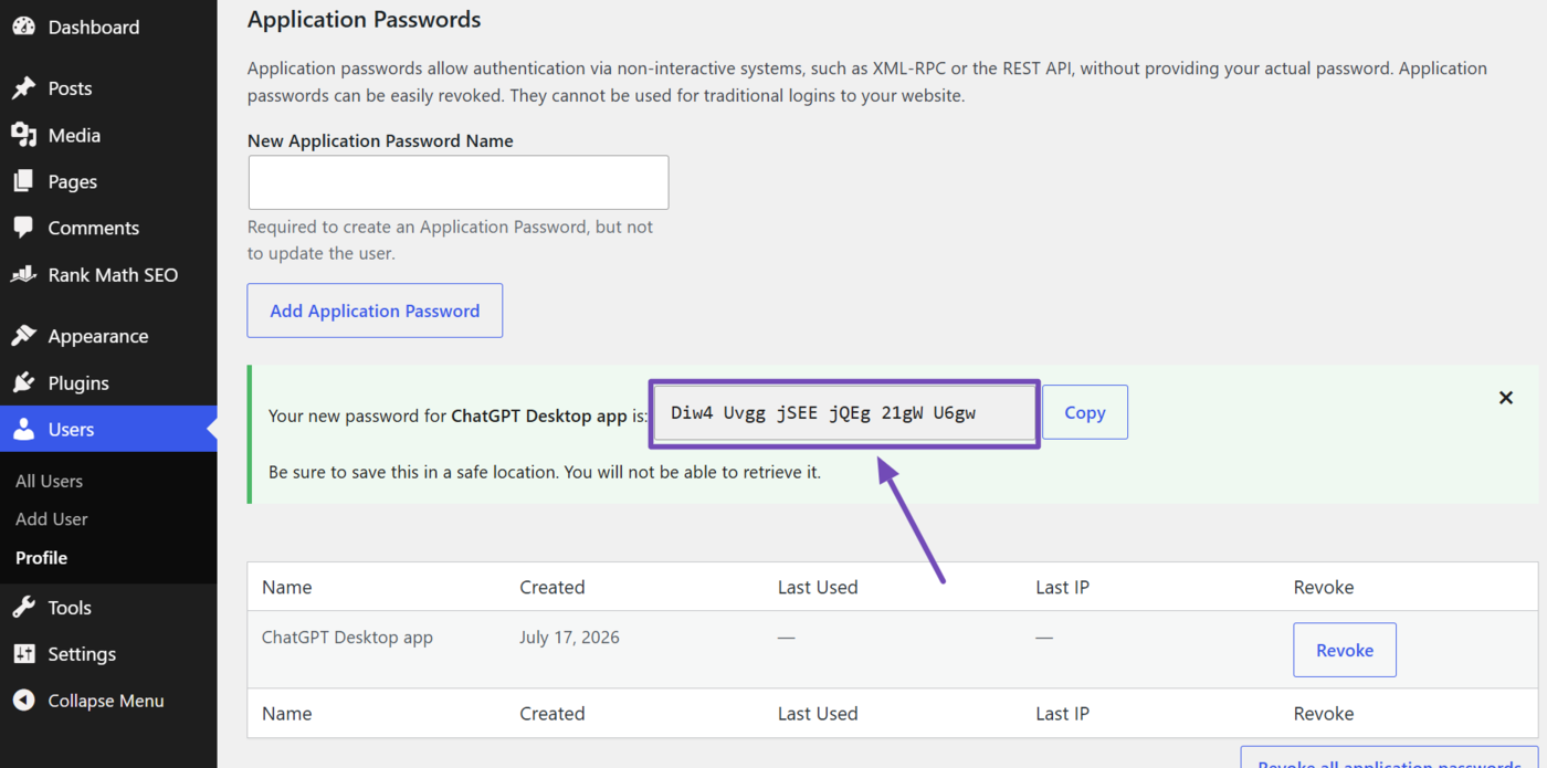 Copy your WordPress application password