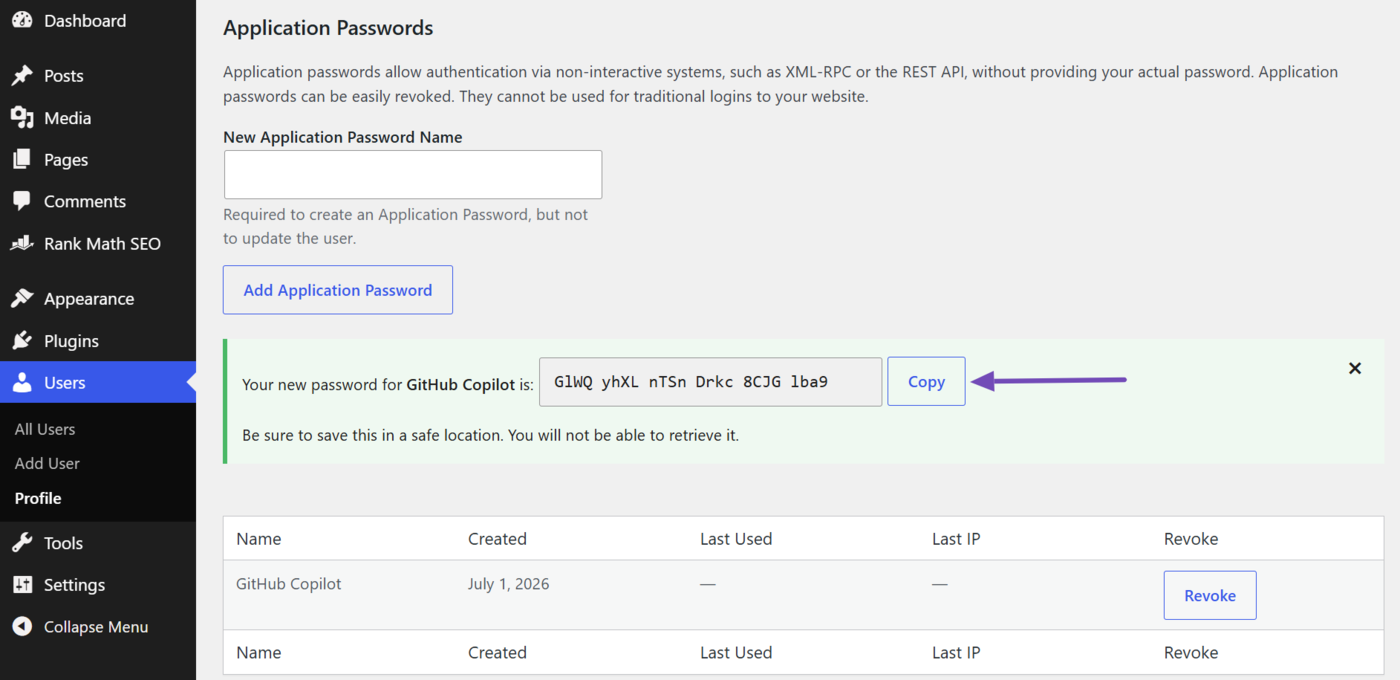 Copy your application password