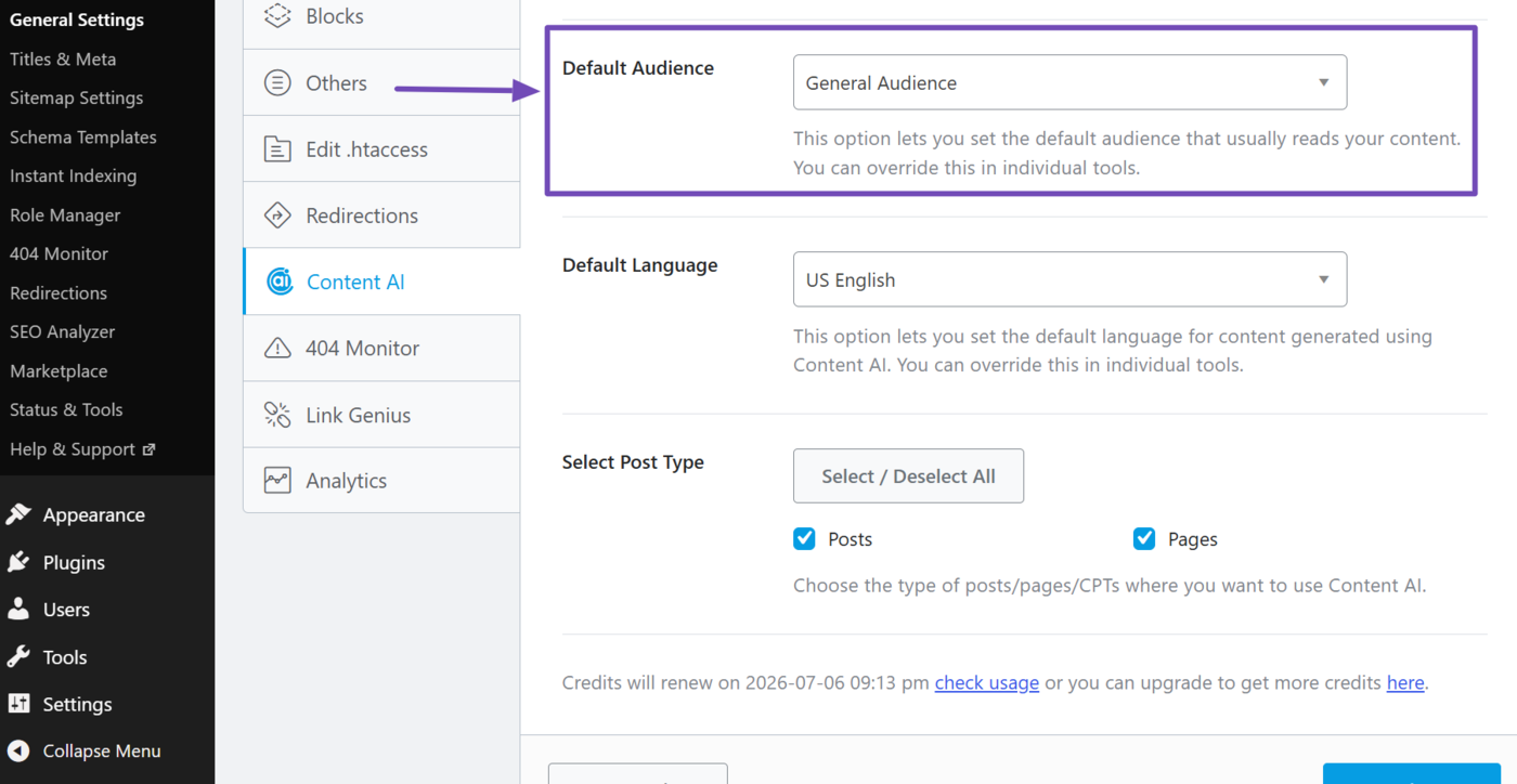 Default Audience Content AI settings