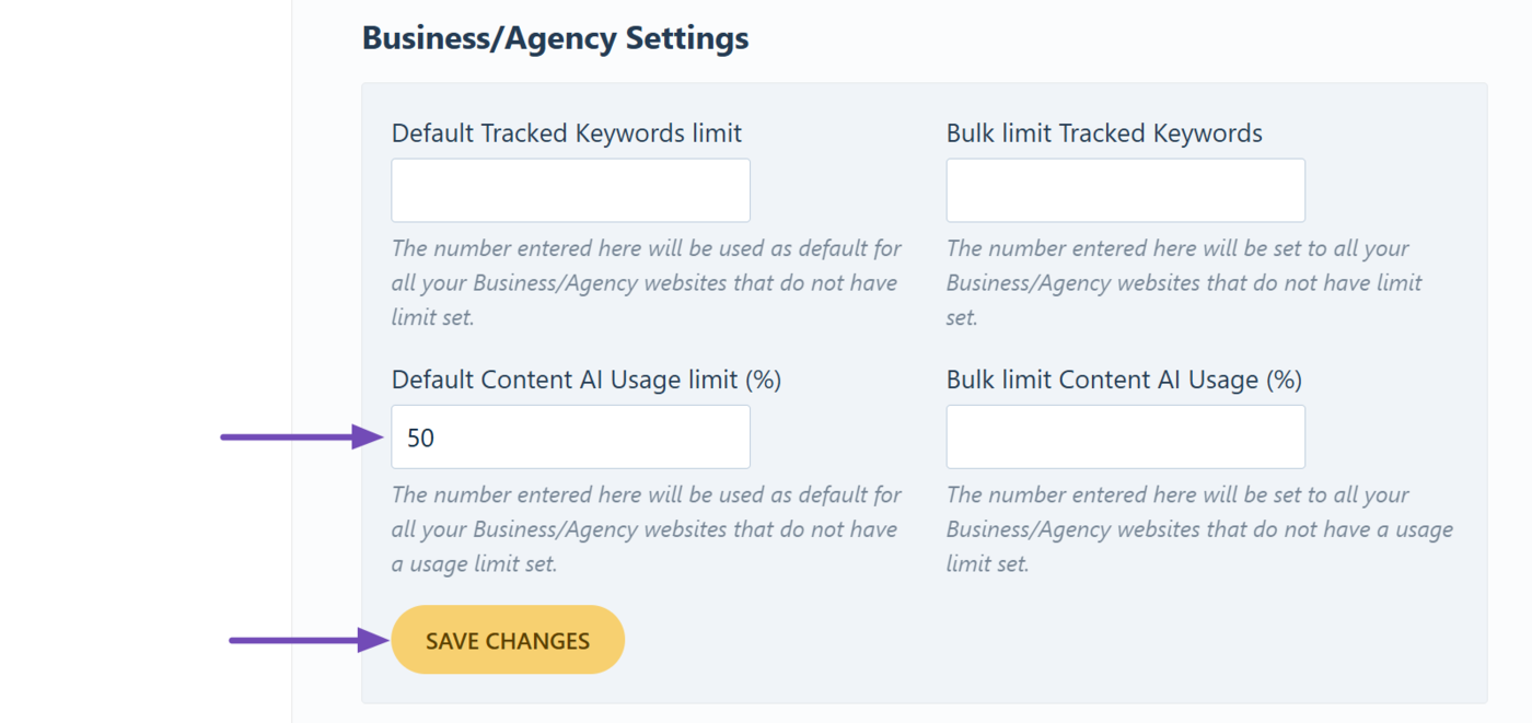 Default Content AI Usage limit setting