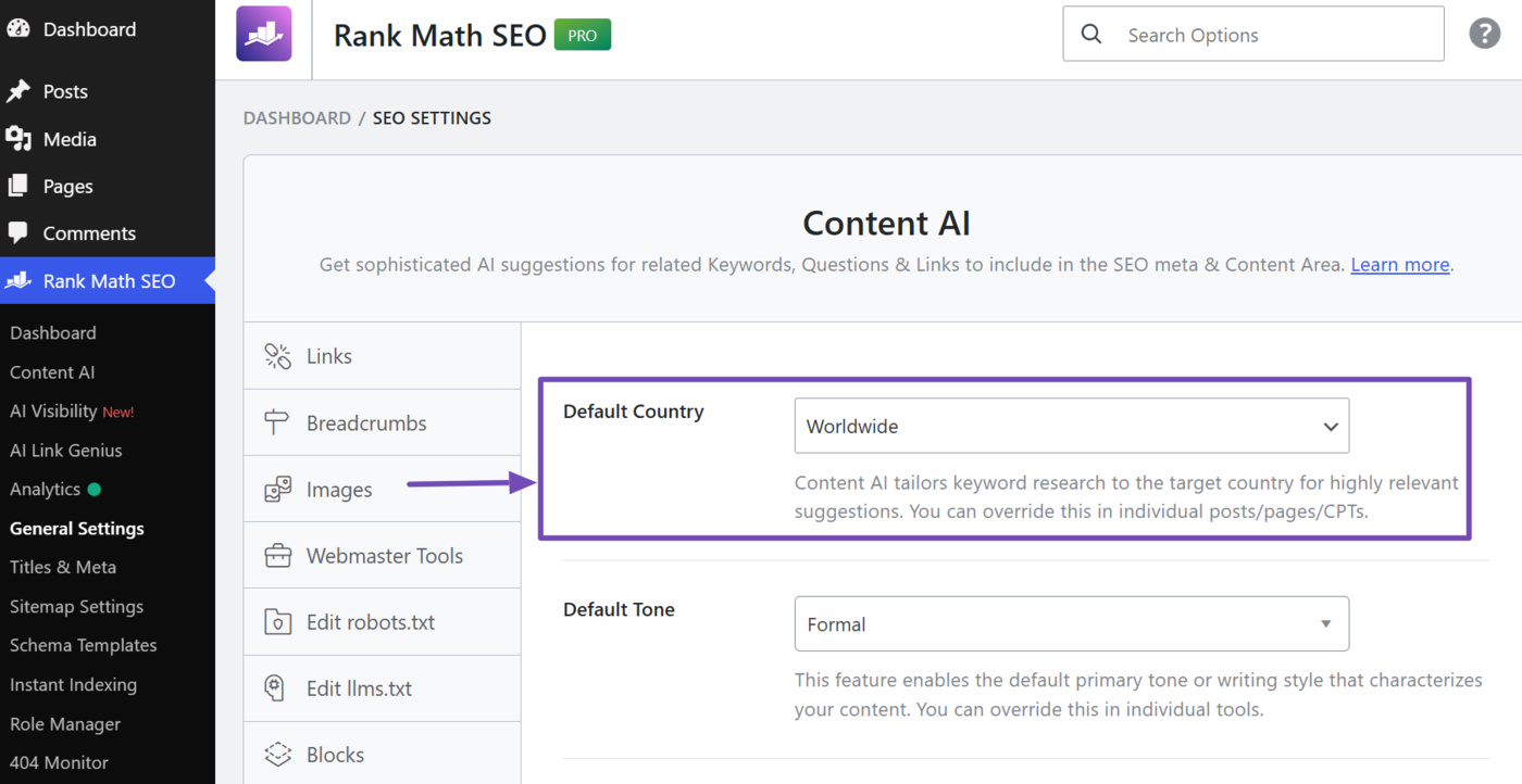Default Country Content AI settings